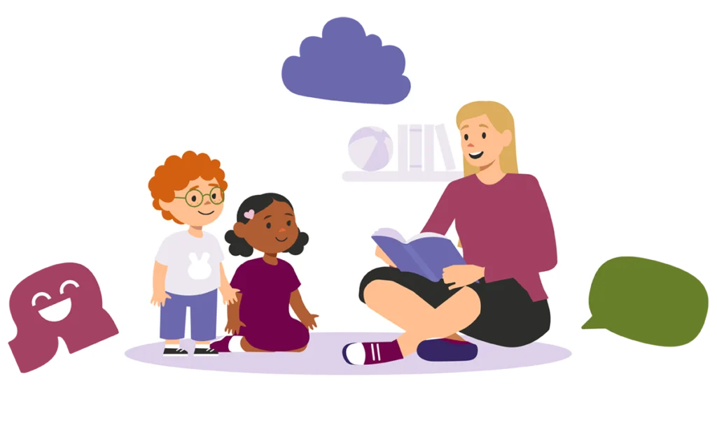 Illustration einer Frau mit zwei Kindern, welche gemeinsam ein Buch lesen und darüber sprechen.